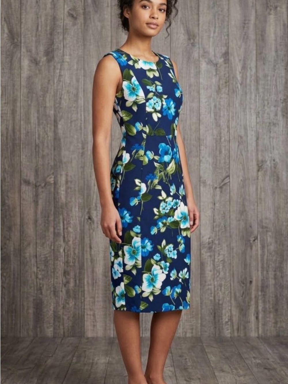 Sleeveless Navy Blue Floral Sheath stretchy midi Dress size 4